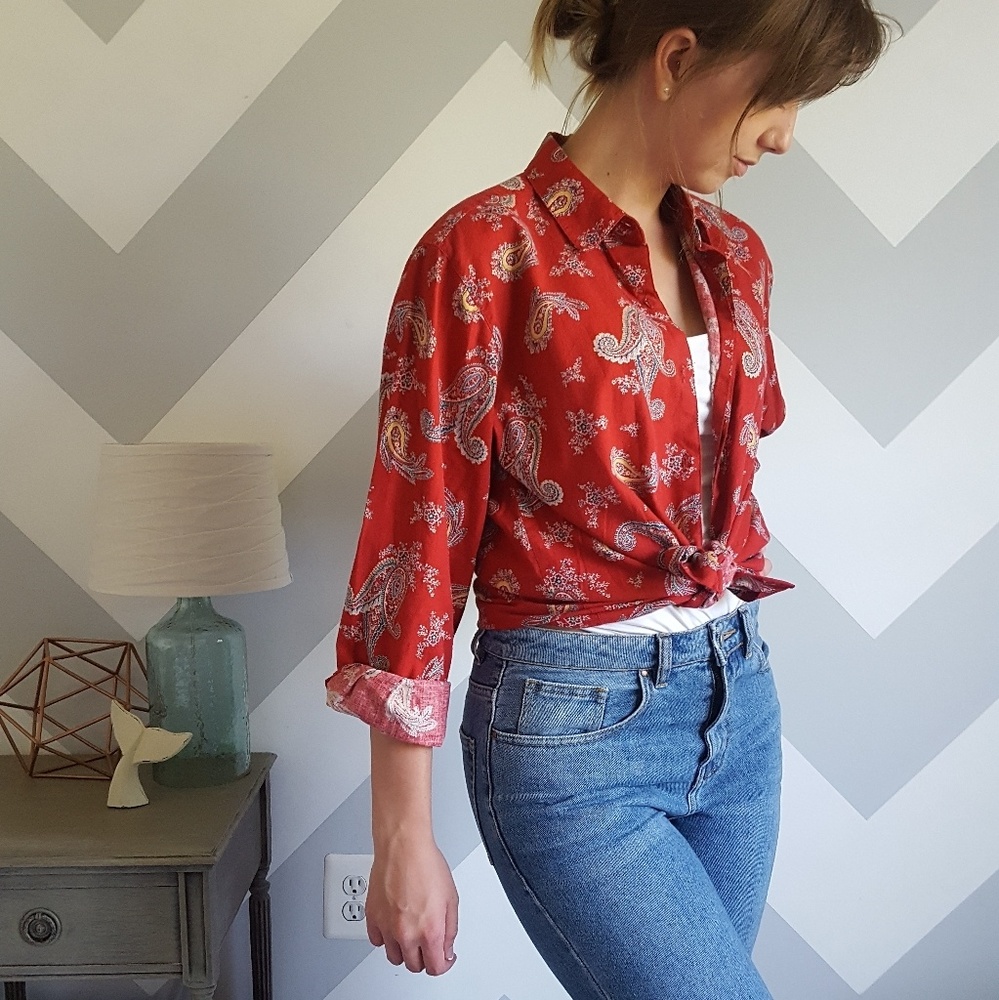 Red paisley button down collared shirt